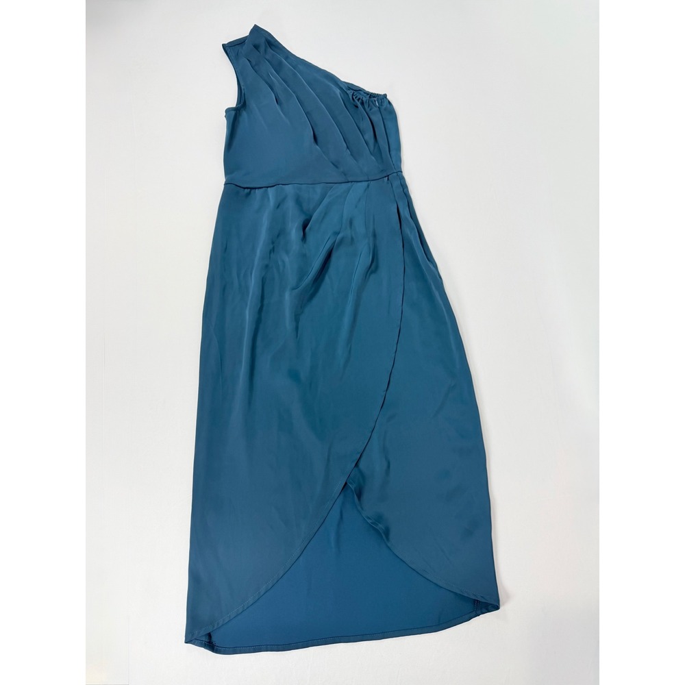 PRETTYGARDEN Women One‎ Shoulder Teal Blue Satin Wrap Midi Dress Size S 7078